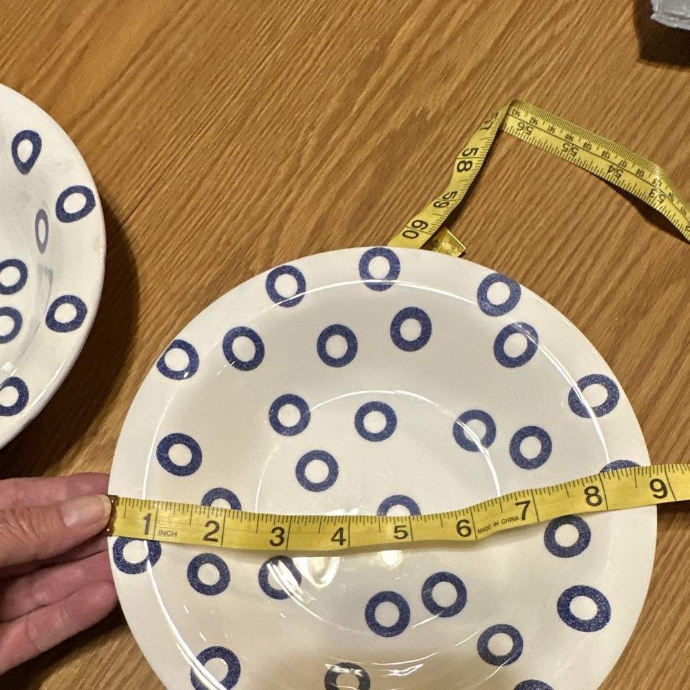 Pier 1 Imports Handmade Italy Set of 2 White Ceramic Bowls Blue Ring Pattern - Picture 5 of 5
